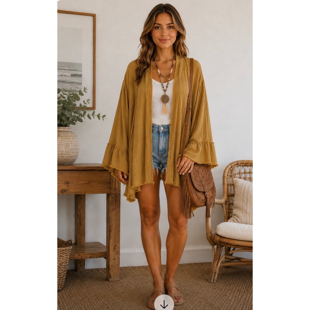 Wishlist Apparel Mustard Yellow Cotton Gauze Frayed Boho Cardigan Wrap S/M